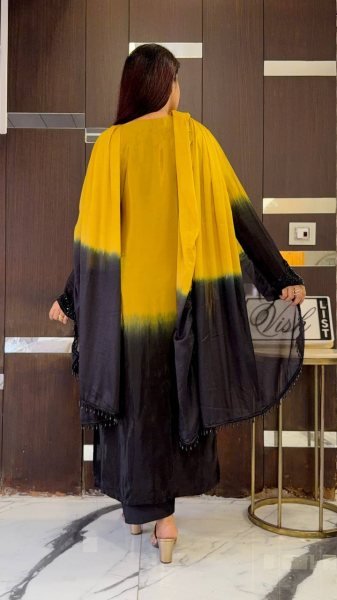 Refined Yellow French Crepe Silk Kurti Set with Beads Work for Festive Wear Ready To Wear Collection