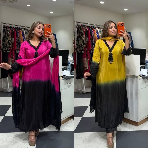 Refined Yellow French Crepe Silk Kurti Set with Beads Work for Festive Wear Ready To Wear Collection