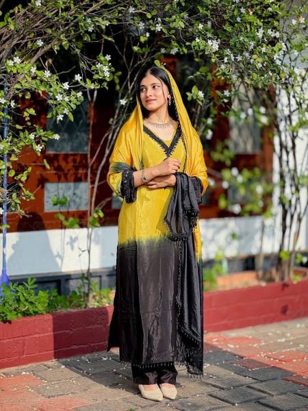 Refined Yellow French Crepe Silk Kurti Set with Beads Work for Festive Wear Ready To Wear Collection