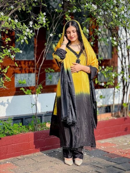 Refined Yellow French Crepe Silk Kurti Set with Beads Work for Festive Wear Ready To Wear Collection