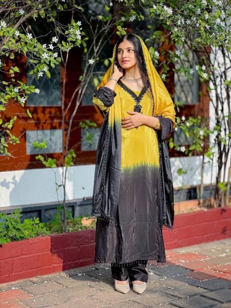 Refined Yellow French Crepe Silk Kurti Set with Beads Work for Festive Wear Ready To Wear Collection