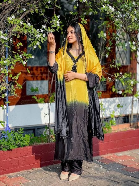 Refined Yellow French Crepe Silk Kurti Set with Beads Work for Festive Wear Ready To Wear Collection