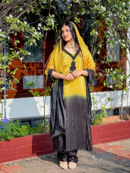 Refined Yellow French Crepe Silk Kurti Set with Beads Work for Festive Wear Ready To Wear Collection