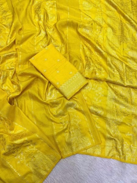 Refined Yellow Premium Crepe Khadi Cotton Silk Saree with Maching Blouse For Wedding 