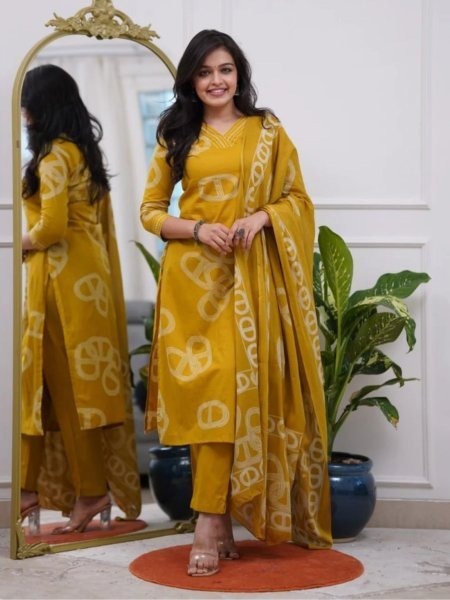 Refined Yellow Ready to Wear Chanderi Kurti with Matching Pant and printed dupatta at Wholesale Rate Haldi Ceremony Outfits