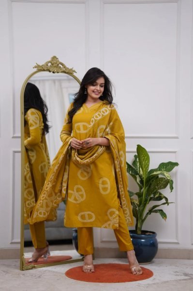 Refined Yellow Ready to Wear Chanderi Kurti with Matching Pant and printed dupatta at Wholesale Rate  Straight Cut Long Kurtis