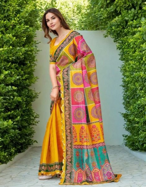 Refined Yellow Wholesale Designer Saree for Resellers at Bulk Rate Printed Kurtis