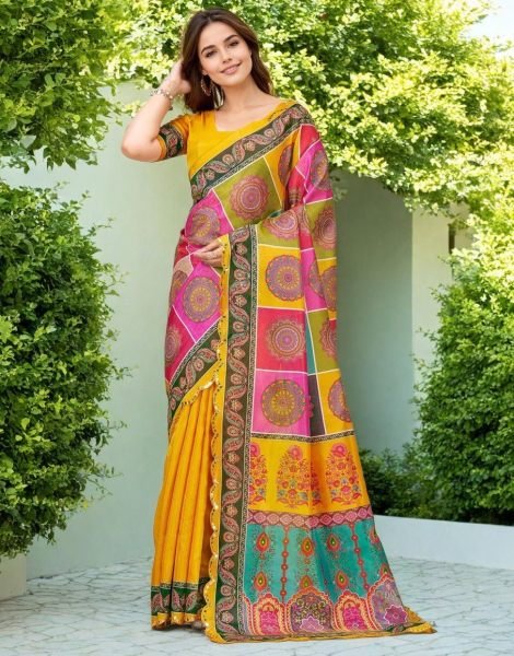Refined Yellow Wholesale Designer Saree for Resellers at Bulk Rate Printed Kurtis