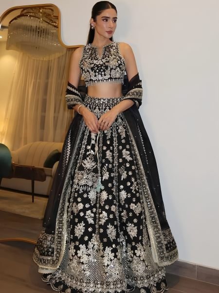 Regal Black Designer Sequin Zari Work Chinon Silk Lehenga with Unstitched Blouse 