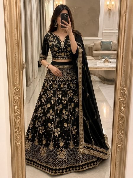 Regal Black Designer Sequin Zari Work Chinon Silk Lehenga with Unstitched Blouse Designer Lehenga Choli