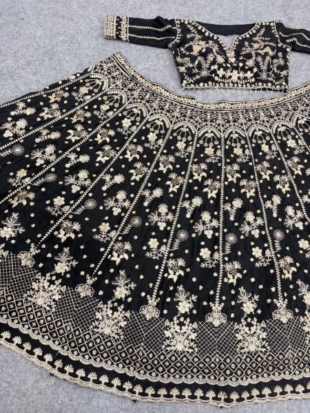 Regal Black Designer Sequin Zari Work Chinon Silk Lehenga with Unstitched Blouse Designer Lehenga Choli