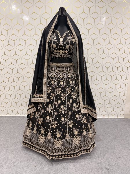 Regal Black Designer Sequin Zari Work Chinon Silk Lehenga with Unstitched Blouse Designer Lehenga Choli