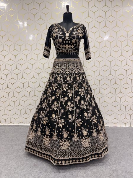 Regal Black Designer Sequin Zari Work Chinon Silk Lehenga with Unstitched Blouse Designer Lehenga Choli