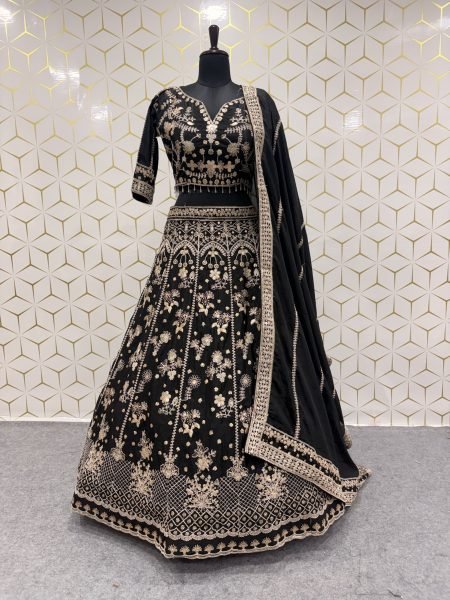 Regal Black Designer Sequin Zari Work Chinon Silk Lehenga with Unstitched Blouse Designer Lehenga Choli