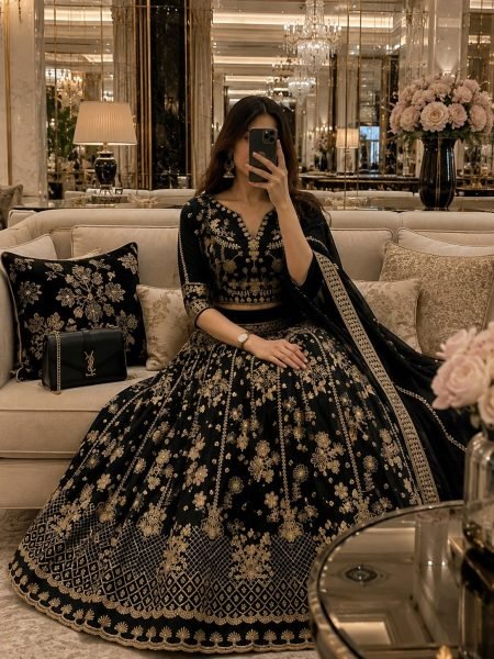 Regal Black Designer Sequin Zari Work Chinon Silk Lehenga with Unstitched Blouse Designer Lehenga Choli