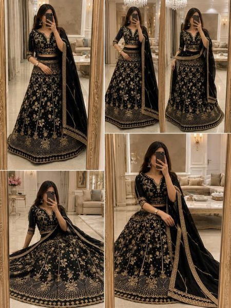 Regal Black Designer Sequin Zari Work Chinon Silk Lehenga with Unstitched Blouse Designer Lehenga Choli