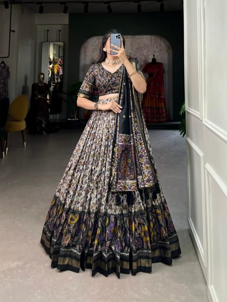 Regal Black Designer Tusser Silk Lehenga Choli with Floral Print Work at Wholesale Rate 
