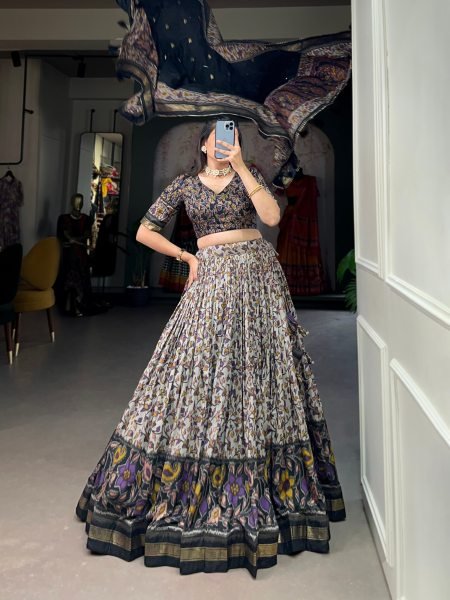 Regal Black Designer Tusser Silk Lehenga Choli with Floral Print Work at Wholesale Rate Designer Lehenga Choli