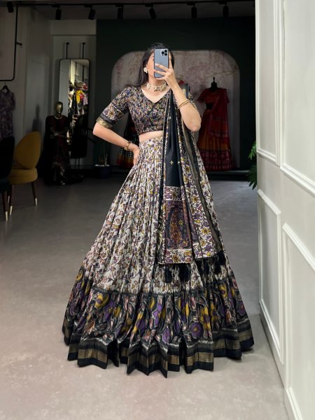 Regal Black Designer Tusser Silk Lehenga Choli with Floral Print Work at Wholesale Rate Designer Lehenga Choli
