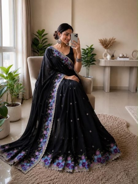 Regal Black Festive Wear Soft Crush Silk Saree with Designer Embroidery For Festival Silk Sarees Wholesale
