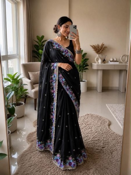 Regal Black Festive Wear Soft Crush Silk Saree with Designer Embroidery For Festival Silk Sarees Wholesale