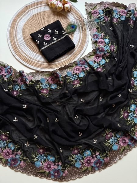 Regal Black Festive Wear Soft Crush Silk Saree with Designer Embroidery For Festival Silk Sarees Wholesale