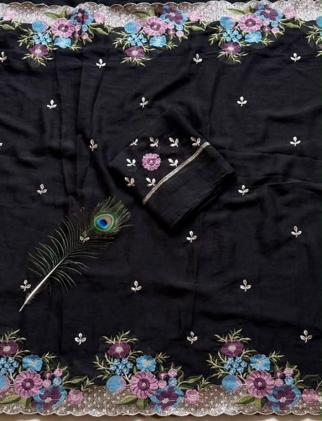 Regal Black Festive Wear Soft Crush Silk Saree with Designer Embroidery For Festival Silk Sarees Wholesale