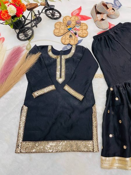 Regal Black Kids GMY Silk Sharara Set with Heavy Embroidery for Party Wear Girls Wear
