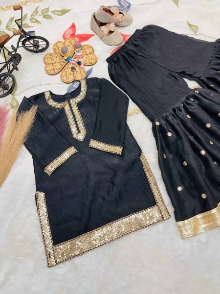 Regal Black Kids GMY Silk Sharara Set with Heavy Embroidery for Party Wear Girls Wear
