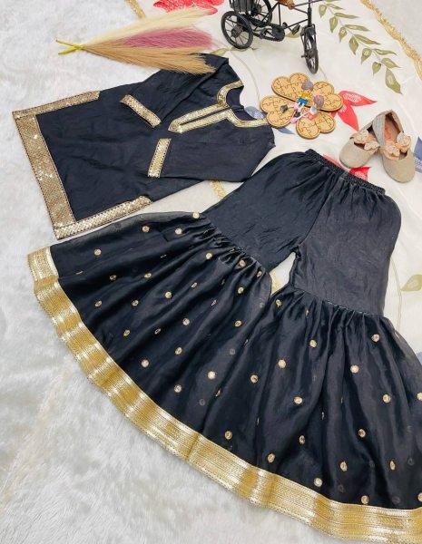 Regal Black Kids GMY Silk Sharara Set with Heavy Embroidery for Party Wear Girls Wear
