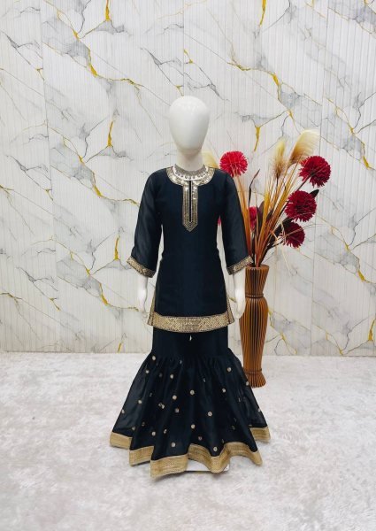 Regal Black Kids GMY Silk Sharara Set with Heavy Embroidery for Party Wear Girls Wear