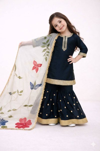 Regal Black Kids GMY Silk Sharara Set with Heavy Embroidery for Party Wear Girls Wear
