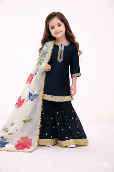 Regal Black Kids GMY Silk Sharara Set with Heavy Embroidery for Party Wear Girls Wear