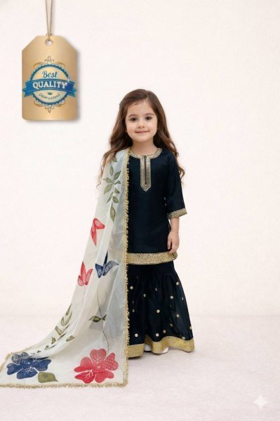 Regal Black Kids GMY Silk Sharara Set with Heavy Embroidery for Party Wear Girls Wear