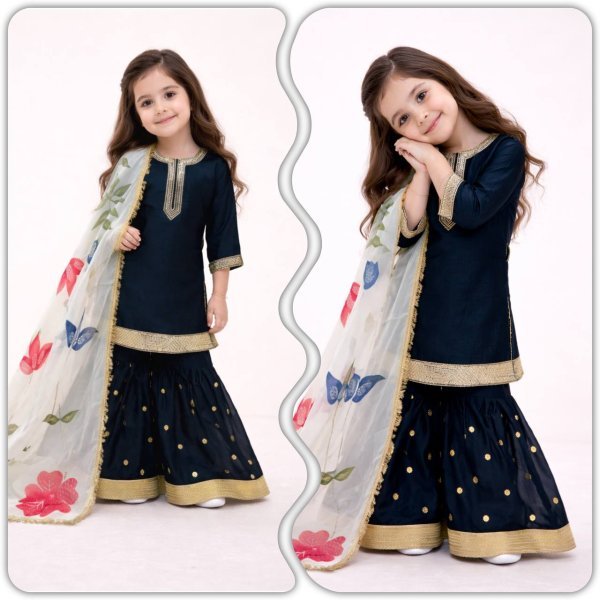 Regal Black Kids GMY Silk Sharara Set with Heavy Embroidery for Party Wear Girls Wear