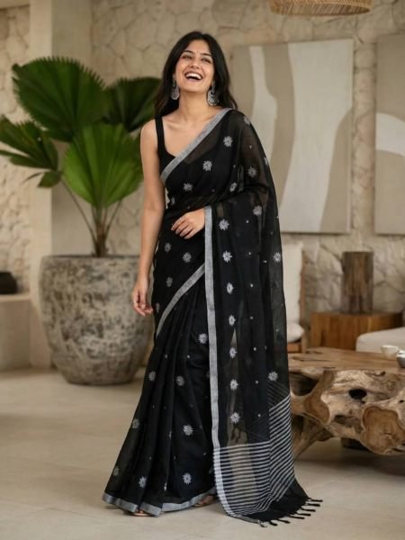 Regal Black Linen Silver Patta Weaving Cotton Saree with Digital Print For Festival 