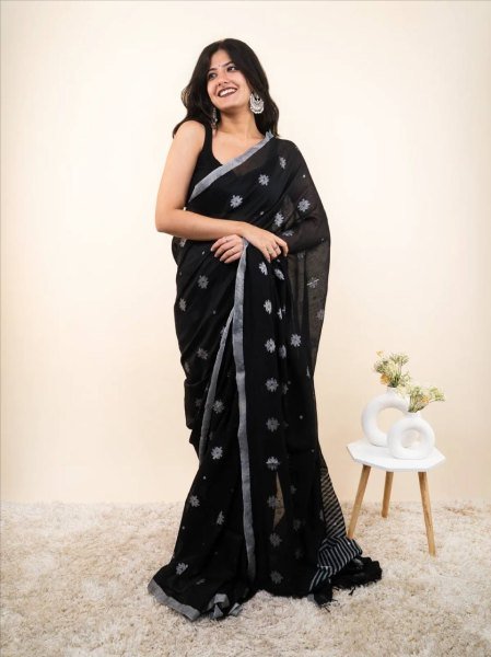 Regal Black Linen Silver Patta Weaving Cotton Saree with Digital Print For Festival Linen Sarees Wholesale