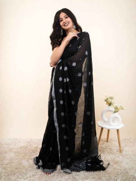Regal Black Linen Silver Patta Weaving Cotton Saree with Digital Print For Festival Linen Sarees Wholesale