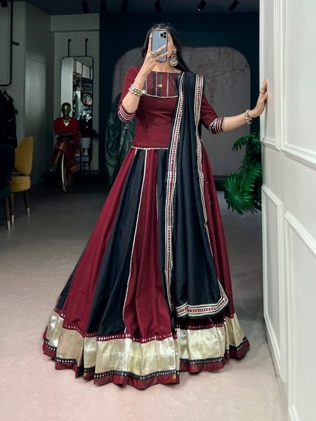Regal Black Maroon Designer Garba Lehenga Choli Set with Heavy 6 Meter Flare Navratri Lehnega Choli