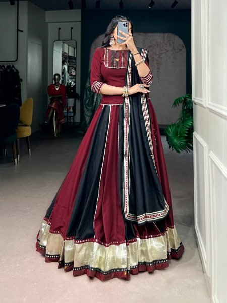Regal Black Maroon Designer Garba Lehenga Choli Set with Heavy 6 Meter Flare Navratri Lehnega Choli