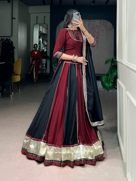 Regal Black Maroon Designer Garba Lehenga Choli Set with Heavy 6 Meter Flare Navratri Lehnega Choli