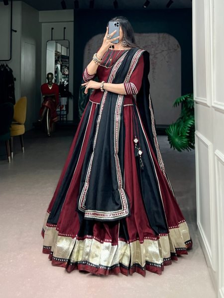 Regal Black Maroon Designer Garba Lehenga Choli Set with Heavy 6 Meter Flare Navratri Lehnega Choli