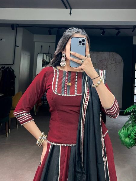 Regal Black Maroon Designer Garba Lehenga Choli Set with Heavy 6 Meter Flare Navratri Lehnega Choli