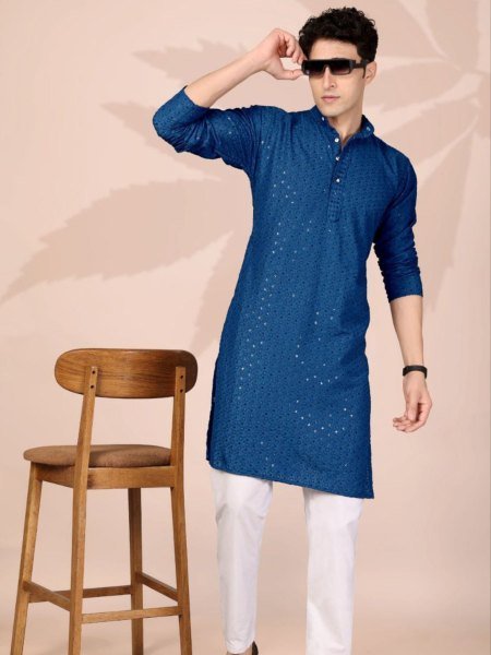 Regal Blue Party Wear Cotton Lucknowi Kurta for Men with Elegant Finish 