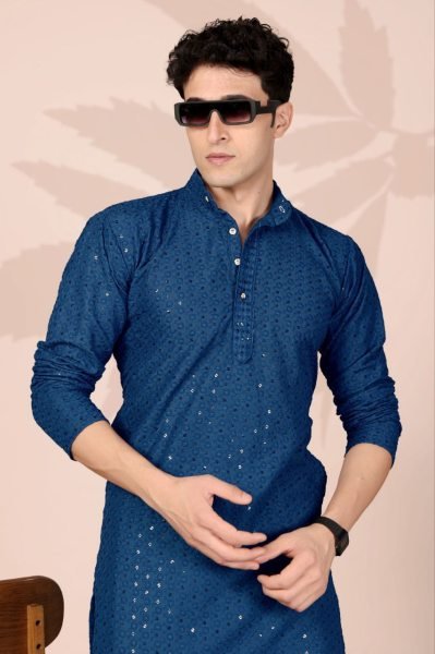 Regal Blue Party Wear Cotton Lucknowi Kurta for Men with Elegant Finish Kurta Pajama Wholesale