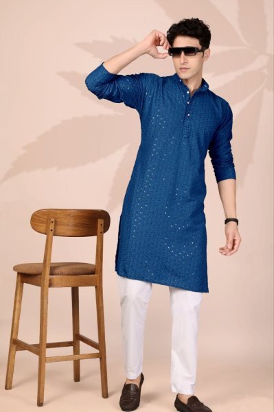 Regal Blue Party Wear Cotton Lucknowi Kurta for Men with Elegant Finish Kurta Pajama Wholesale