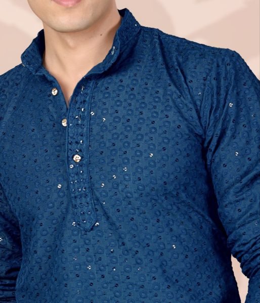 Regal Blue Party Wear Cotton Lucknowi Kurta for Men with Elegant Finish Kurta Pajama Wholesale
