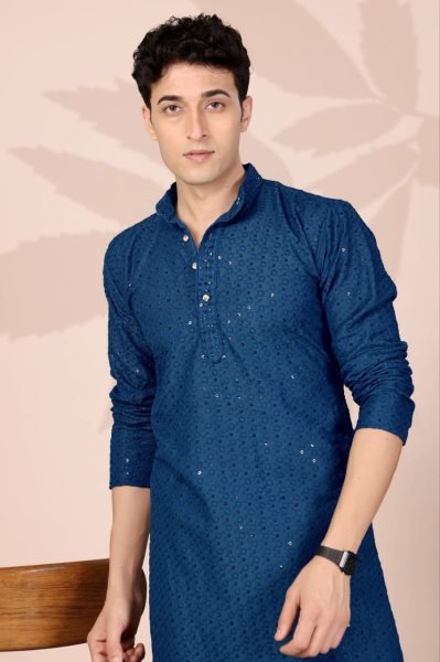 Regal Blue Party Wear Cotton Lucknowi Kurta for Men with Elegant Finish Kurta Pajama Wholesale