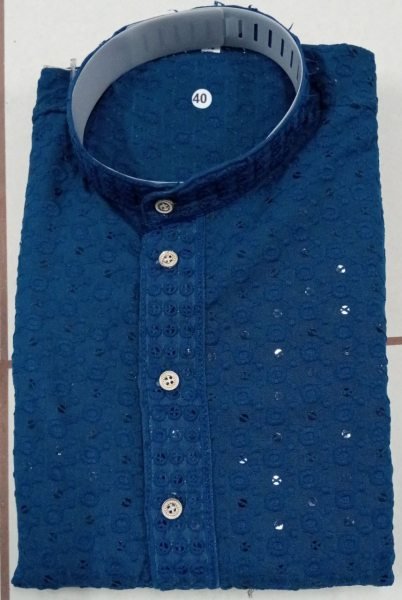 Regal Blue Party Wear Cotton Lucknowi Kurta for Men with Elegant Finish Kurta Pajama Wholesale
