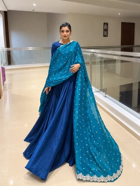 Regal Blue Premium Fandy Crush Silk Gown Set with Embroidered Dupatta at Manufacturer  Ready To Wear Suit